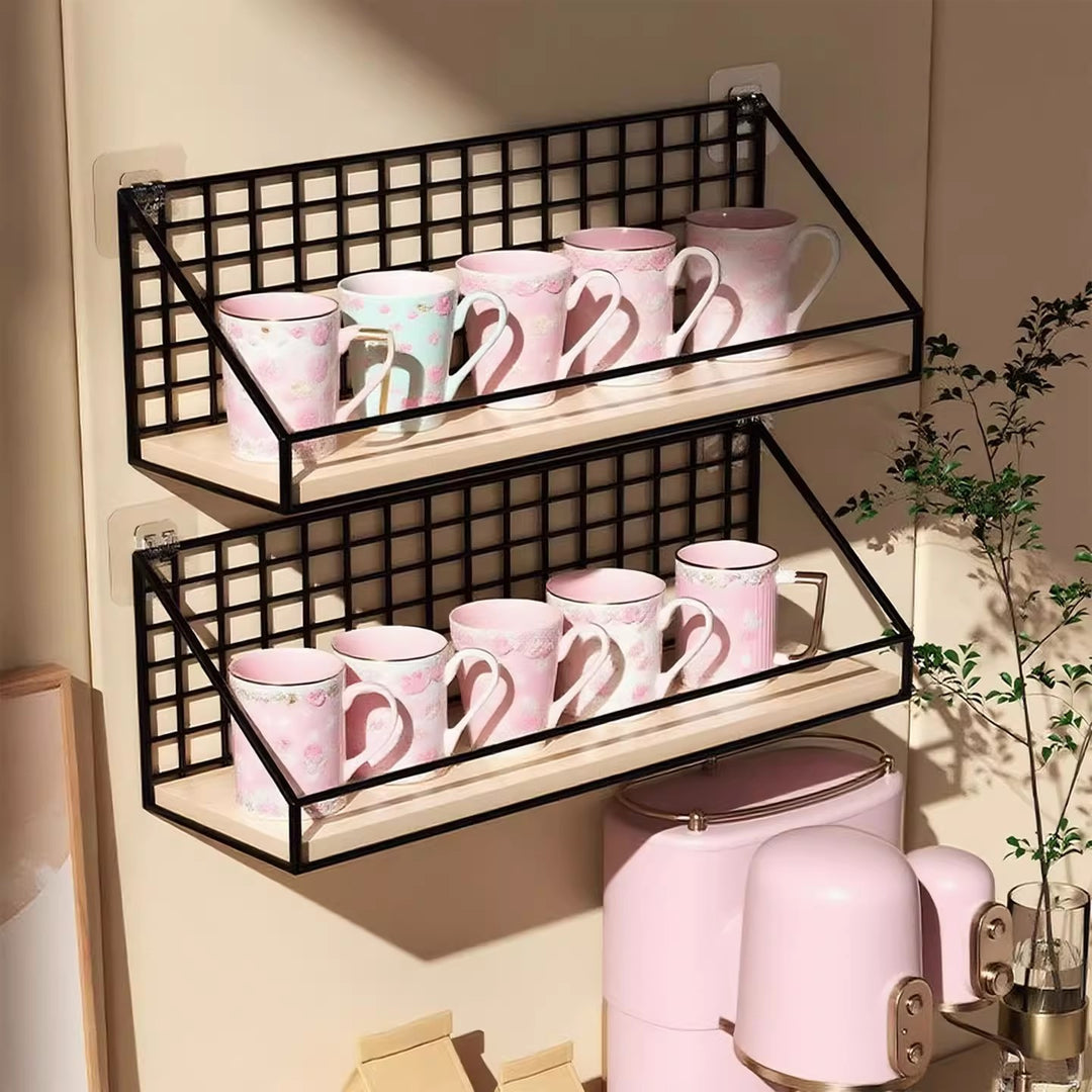 Ventilated Grid Wall Shelf with Wood-Look Tray and Clear Suction Mounts