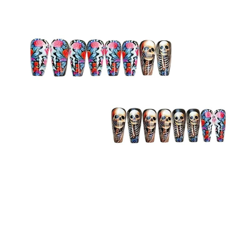 Creative artificial nails with skeleton and flower motifs Kalsten