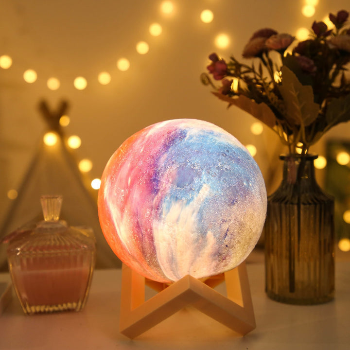 Textured Moon Table Lamp with Wooden Geometric Stand Kalsten
