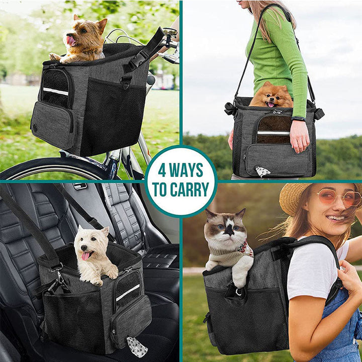 convertible front-mount pet transport backpack with reinforced base, breathable mesh canopy, padded straps and detachable shoulder sling Kalsten