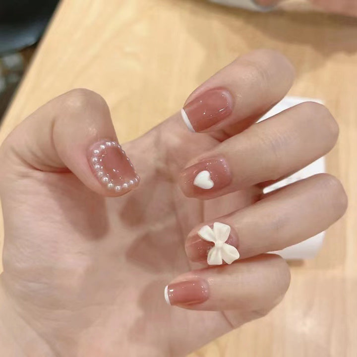 Decorative Floral Press-On Nails with Pearl and Heart Design Kalsten