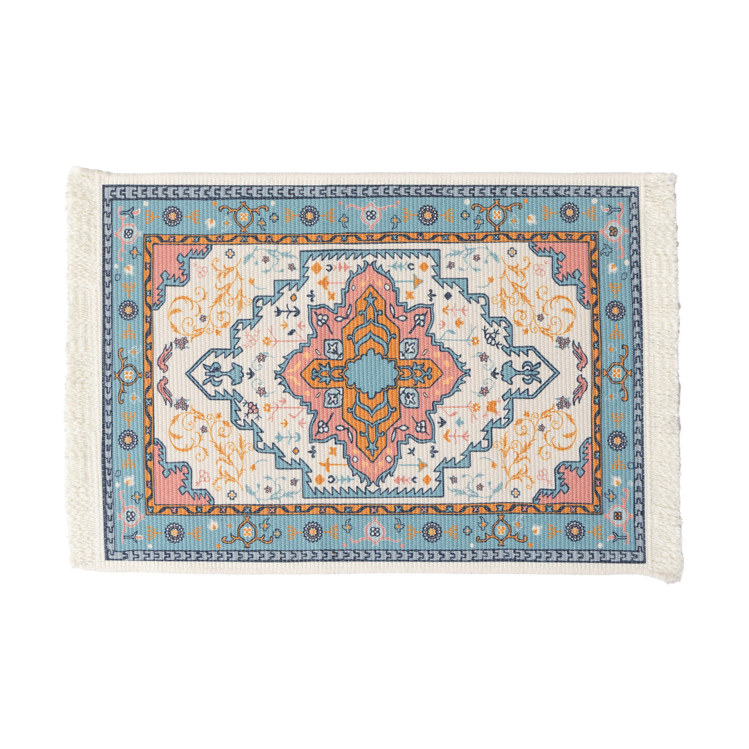Smaller woven vintage oriental rug with floral medallion design and fringe