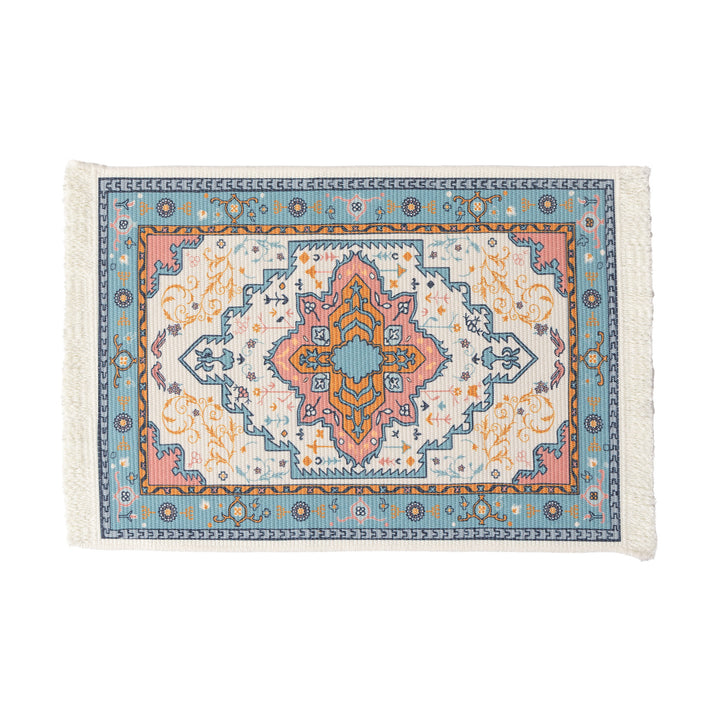 Smaller woven vintage oriental rug with floral medallion design and fringe