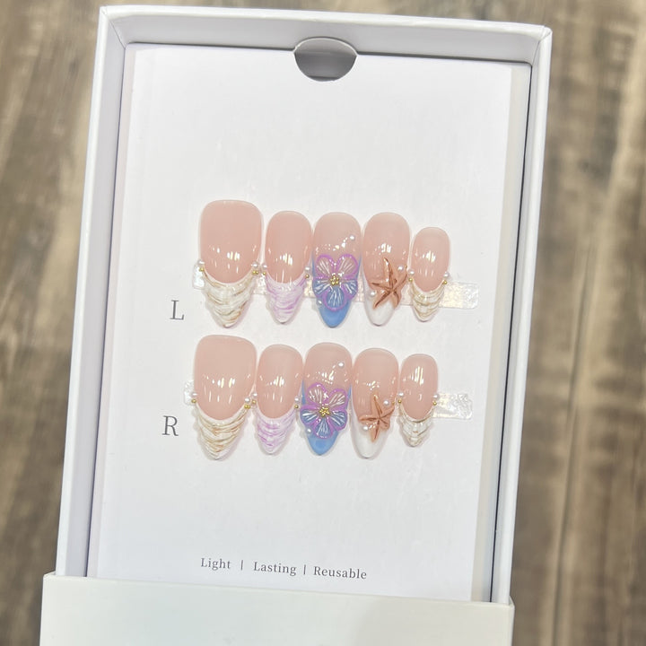 Artistic Press-On Nail Art Set with Floral and Starfish Design Kalsten