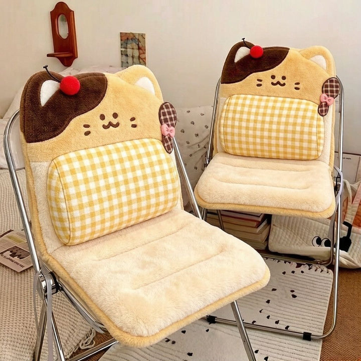 Plush seat cushion with high backrest and removable lumbar pillow in cute cat design