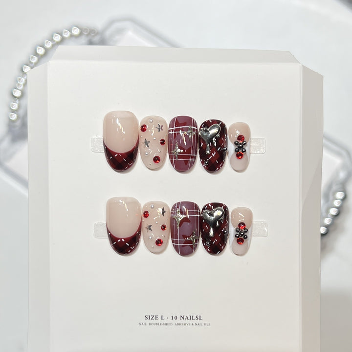 Premium Press-On Nail Art Set with Elegant Heart & Leaf Design Kalsten