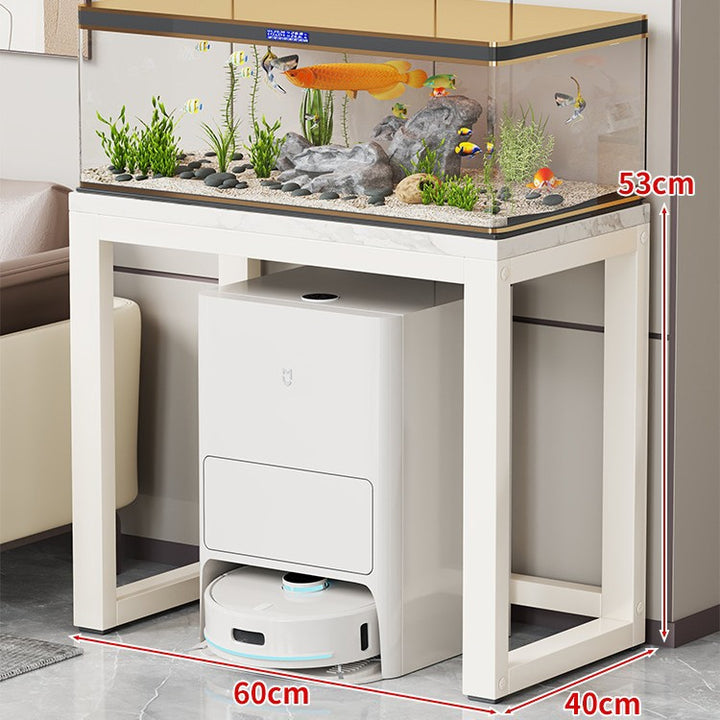 Gold Metal Aquarium Console Table with Faux Marble Top and Robot Vacuum Storage