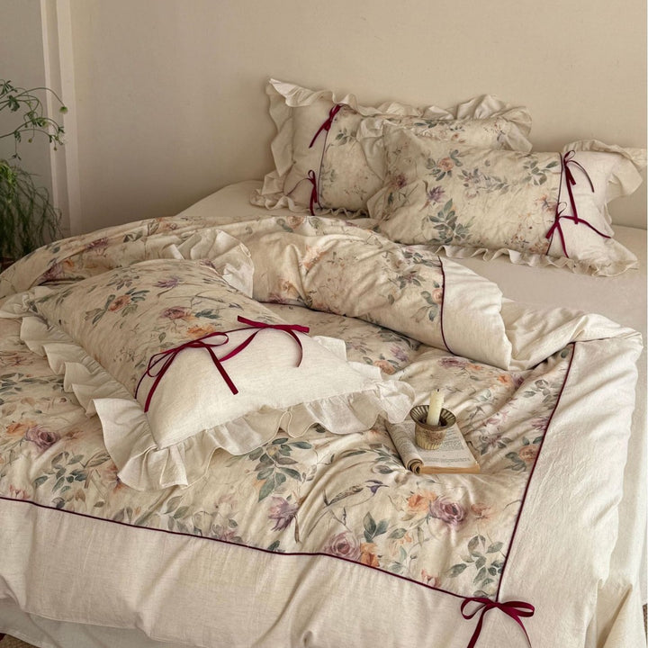 Floral Cotton-Linen Duvet Cover Set with Ruffled Edge, Decorative Piping and Bow Closure