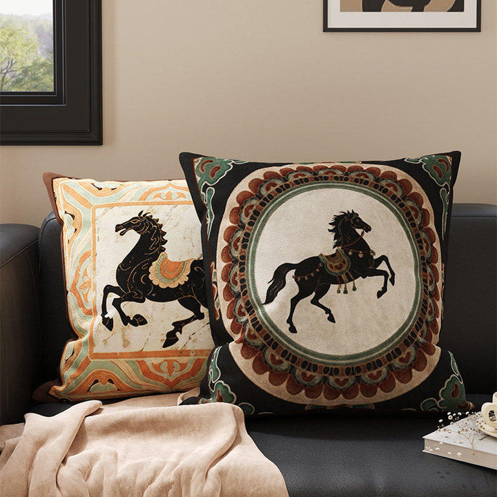 Embroidered Medallion Horse Velvet-Texture Decorative Throw Pillow Cover with Hidden Zipper