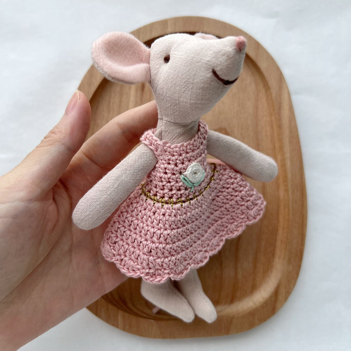 Handcrafted Linen Mouse Doll with Crocheted Dress and Embroidered Face