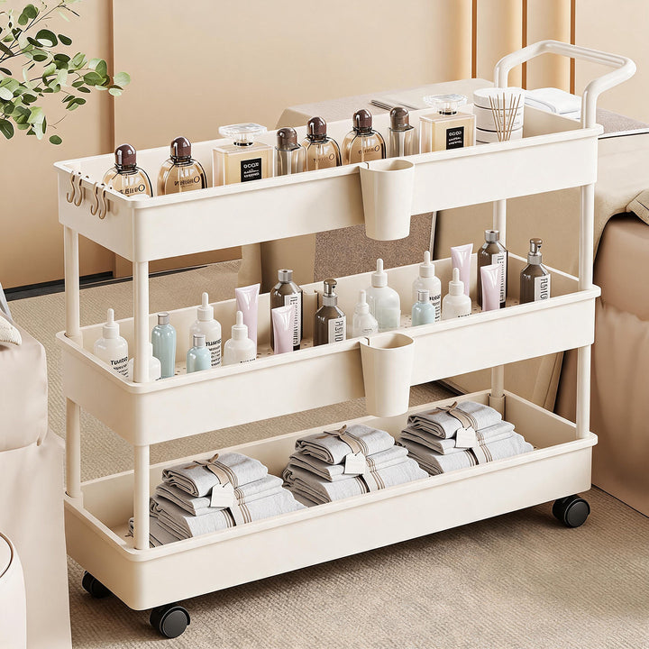 Compact Two-Tier Rolling Storage Cart with Integrated Handle and Accessory Hooks