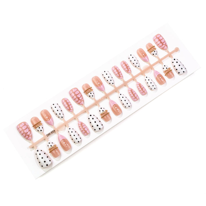 Artistic Press-On Nail Set with Polka Dots and Metallic Accents