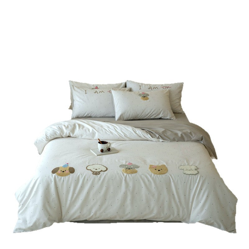 Kids' bedding set with embroidered cute animal appliqués