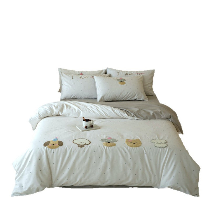 Kids' bedding set with embroidered cute animal appliqués