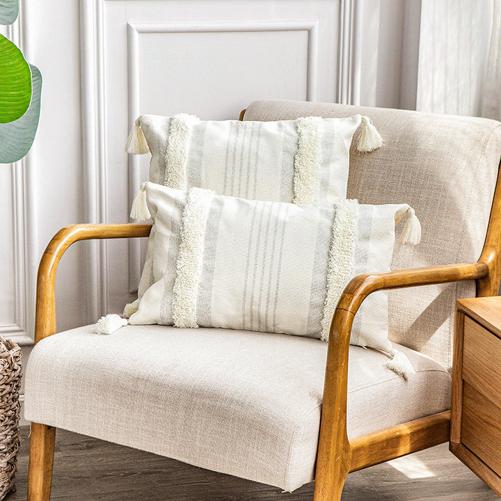 Square cotton pillow cover with fringe tassels and textured chenille stripes Kalsten