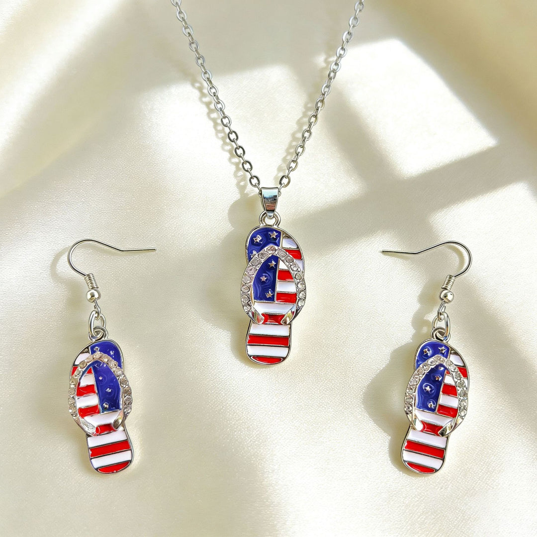 Women's patriotic jewelry set flip-flop pendant necklace and earrings with enamel and crystal embellishment Kalsten