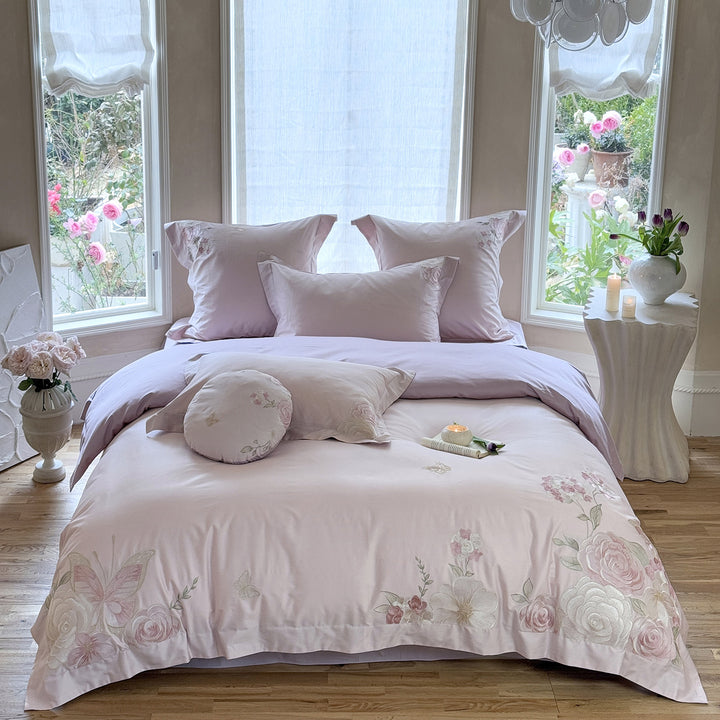 luxurious cotton satin bed linen set with floral embroidery
