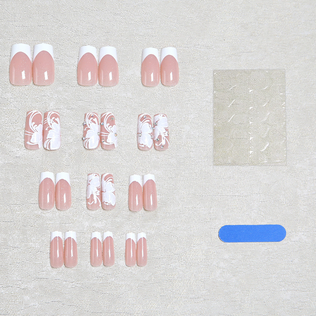 Artificial nail set with delicate flower and glitter decoration Kalsten