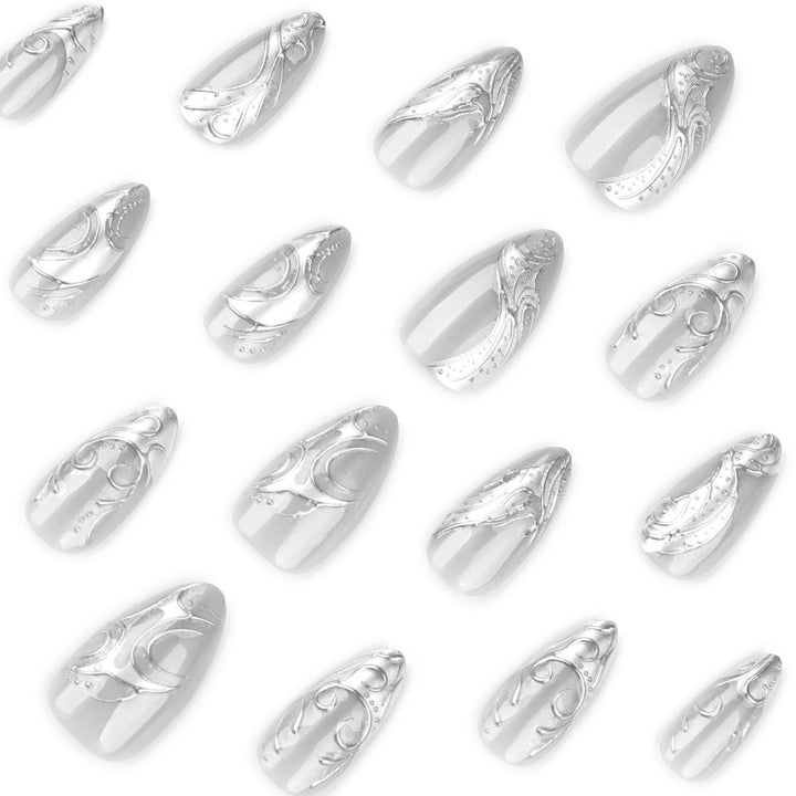 Artistic stiletto nails with elegant silver design Kalsten