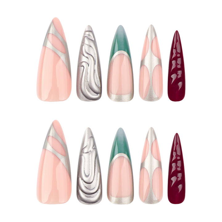 Artistic Stiletto Nails with Glitter and Metallic Effects Kalsten