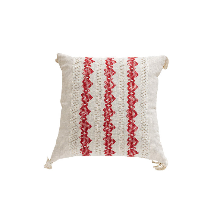 Square Handloom Cotton Accent Pillow with Vertical Embroidered Geometric Bands and Knotted Corner Tassels