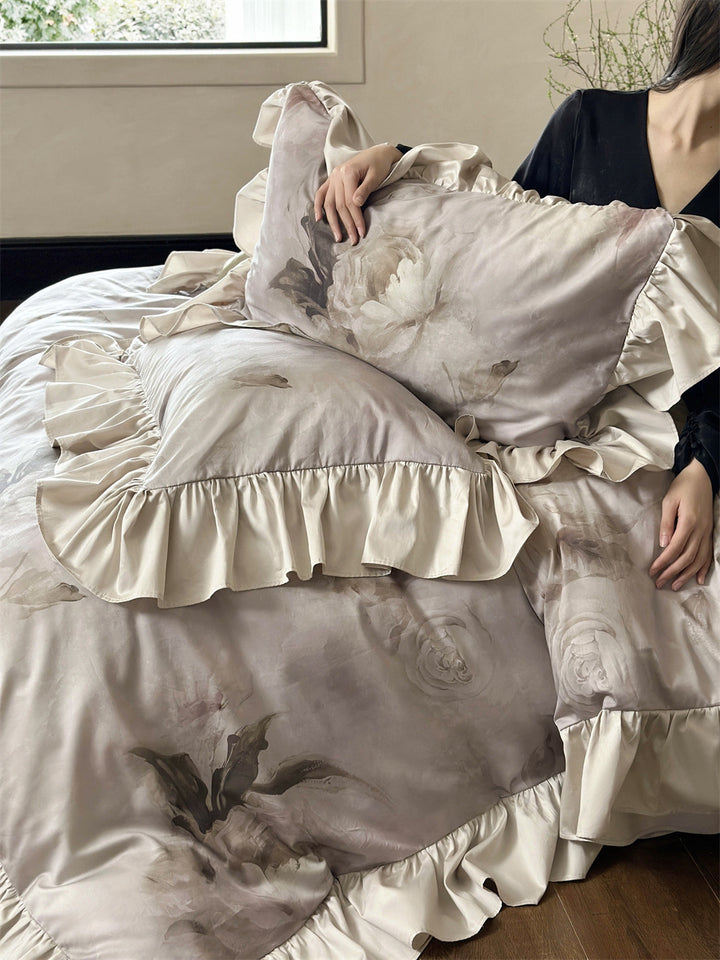 Luxurious satin bedding set with ruffles and watercolor flowers