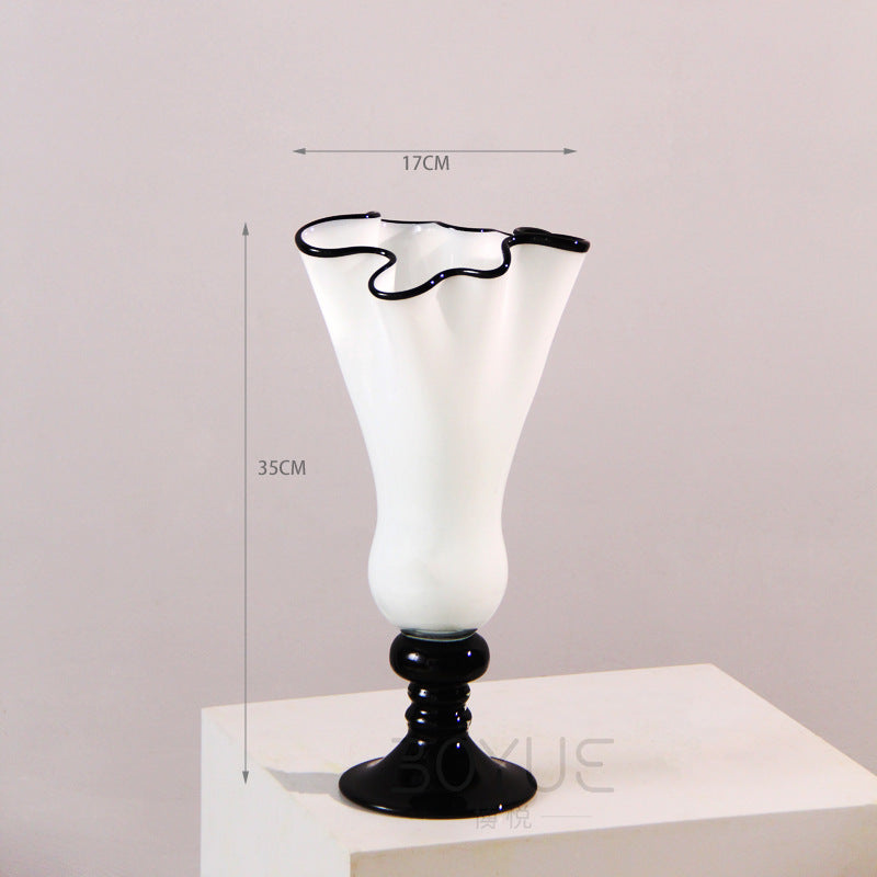 Handblown Fluted Pedestal Art Glass Trumpet Vase Kalsten