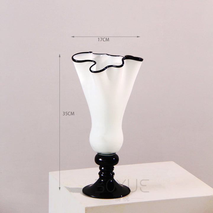 Handblown Fluted Pedestal Art Glass Trumpet Vase Kalsten