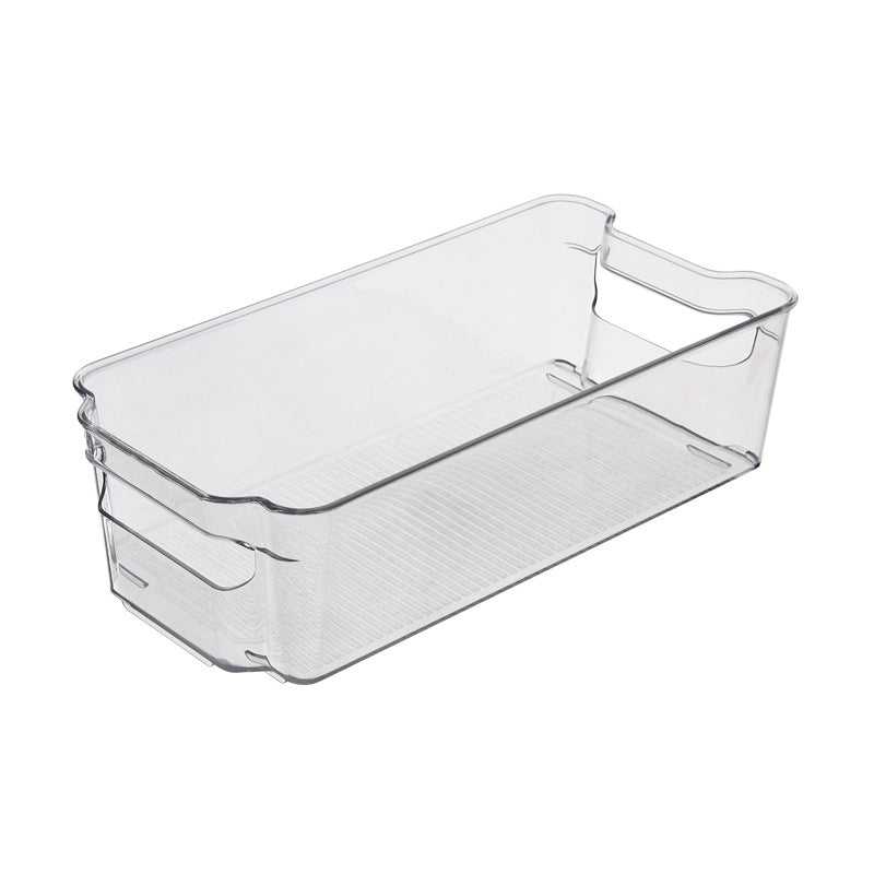 Transparent, flat storage box with handles and non-slip ribbed bottom