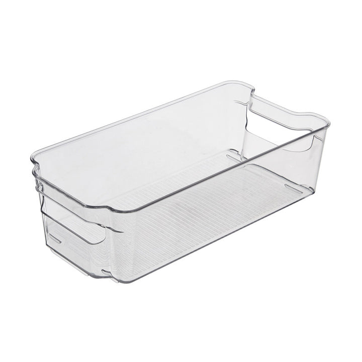 Transparent, flat storage box with handles and non-slip ribbed bottom