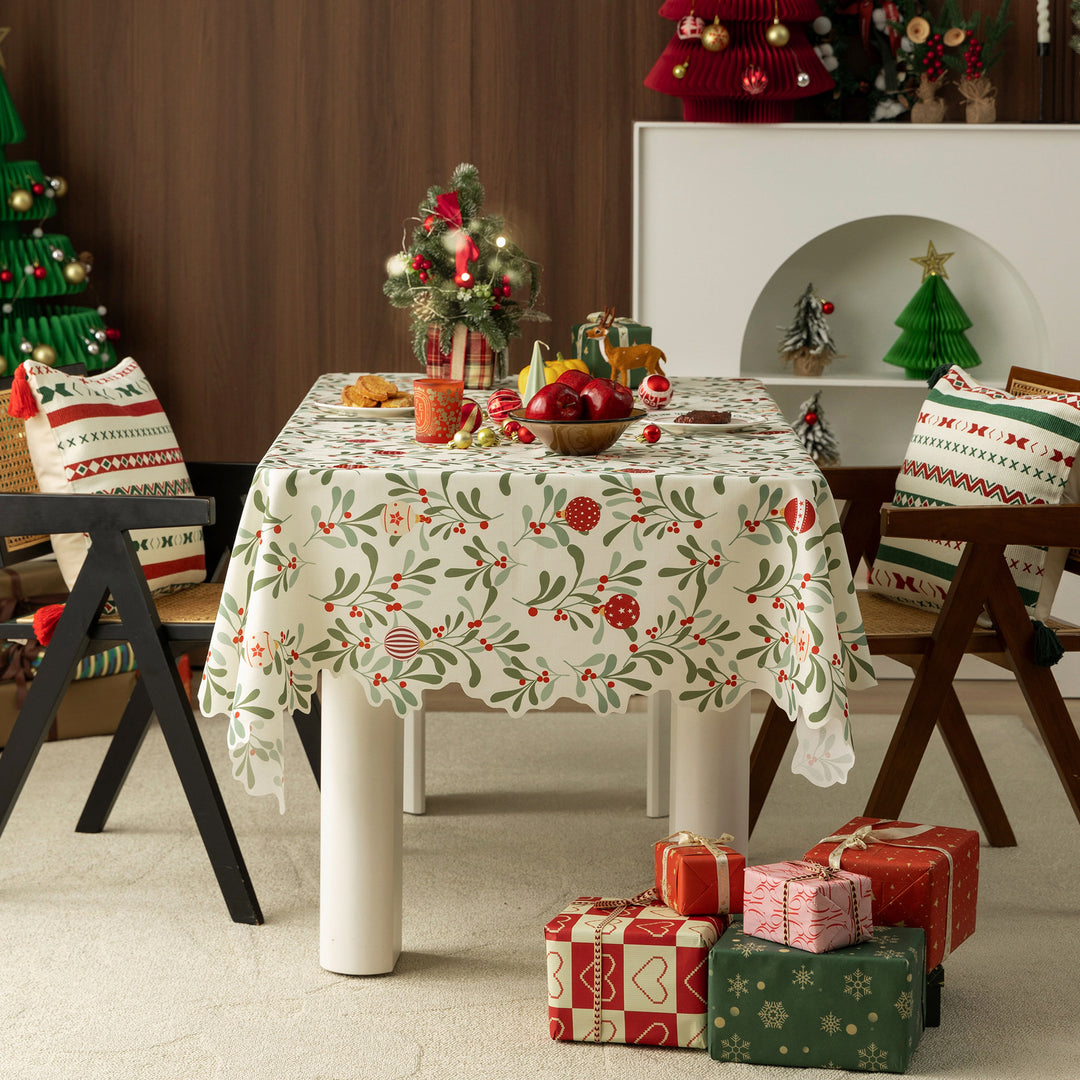 Festive rectangular tablecloth with mistletoe and Christmas ornament motif Kalsten