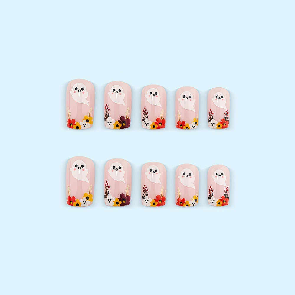 Artificial nails with ghost motif and flower accents Kalsten