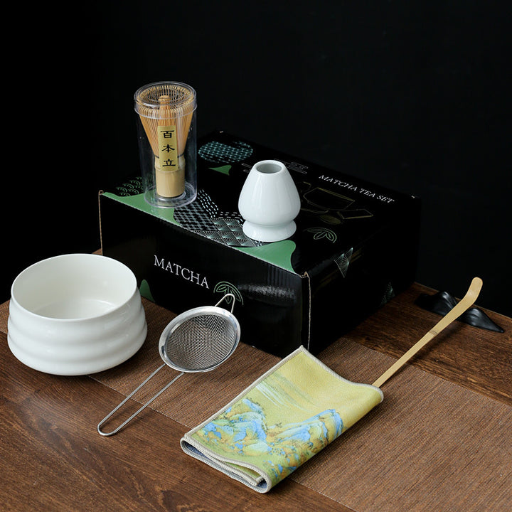 Traditional Japanese-Style Ceramic Matcha Tea Set With Bamboo Chasen Whisk Porcelain Matcha Bowl Brass Chashaku Scoop And Ceramic Whisk Holder