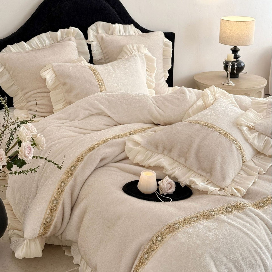 Romantic velvet bedding set with gathered satin frills and decorative ribbon