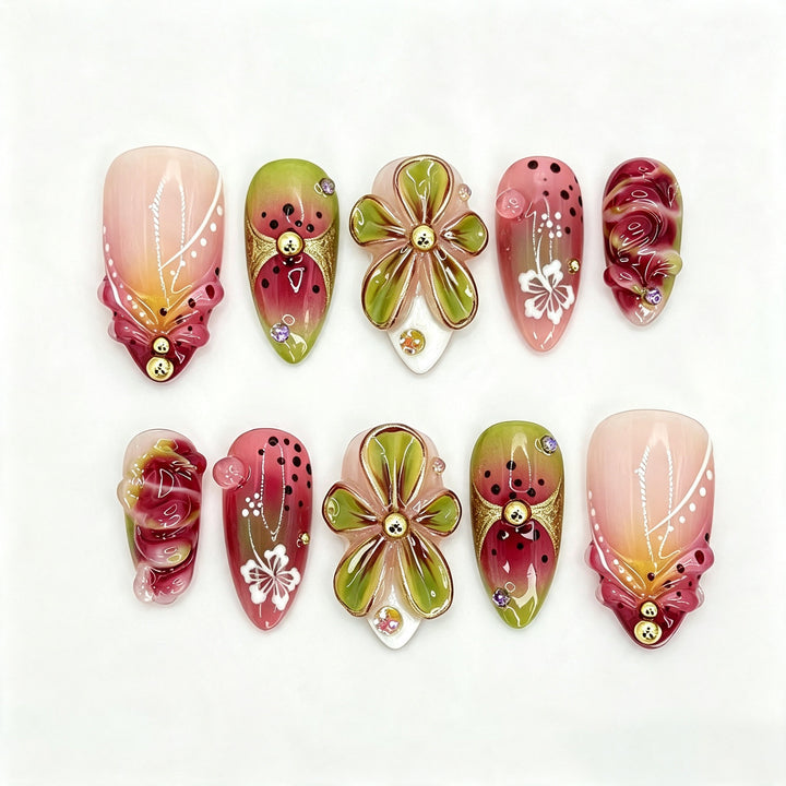 Floral Watermelon-Themed Press-On Nail Art Set