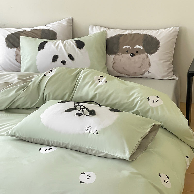 Reversible bedding set made of cotton percale with cute bunny motif and fine satin look