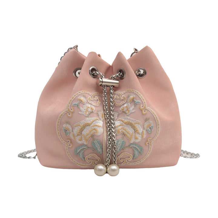 Embroidered Velvet Drawstring Handbag