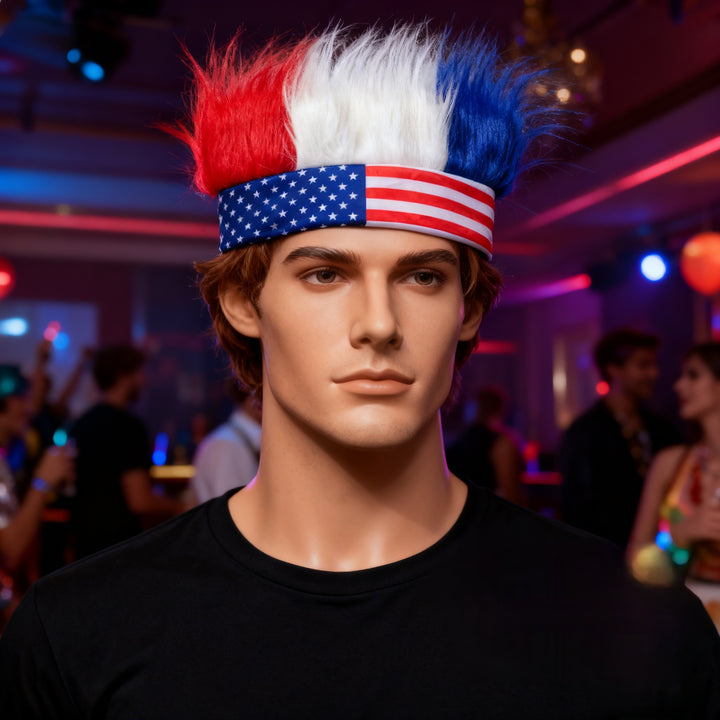 Unisex nan patriotic artificial hair headband with voluminous hair strands and flag motif Kalsten