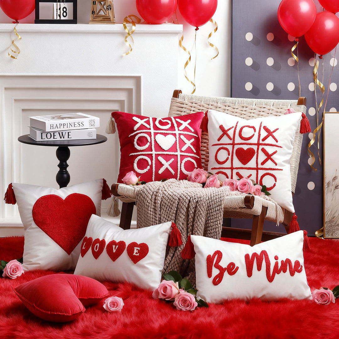 Plush Heart Appliqué Tassel Corner Decorative Throw Pillow Cover