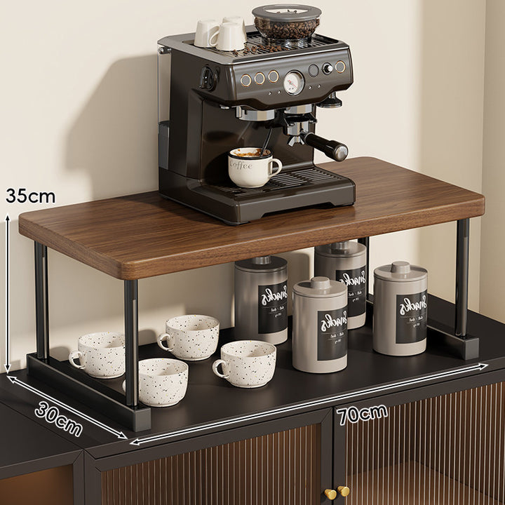 Two-Tier Countertop Coffee Station Shelf Riser with Walnut Top and Metal Frame