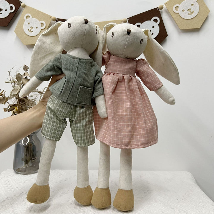 Handmade Linen Long-Leg Bunny Soft Toy with Embroidered Overalls