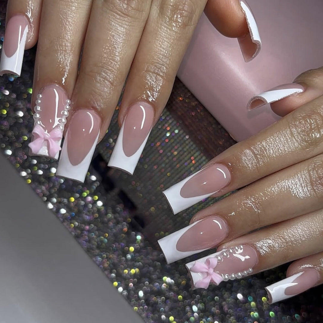 Elegant Stiletto Nail Art Extensions with Pearl and Bow Accents Kalsten