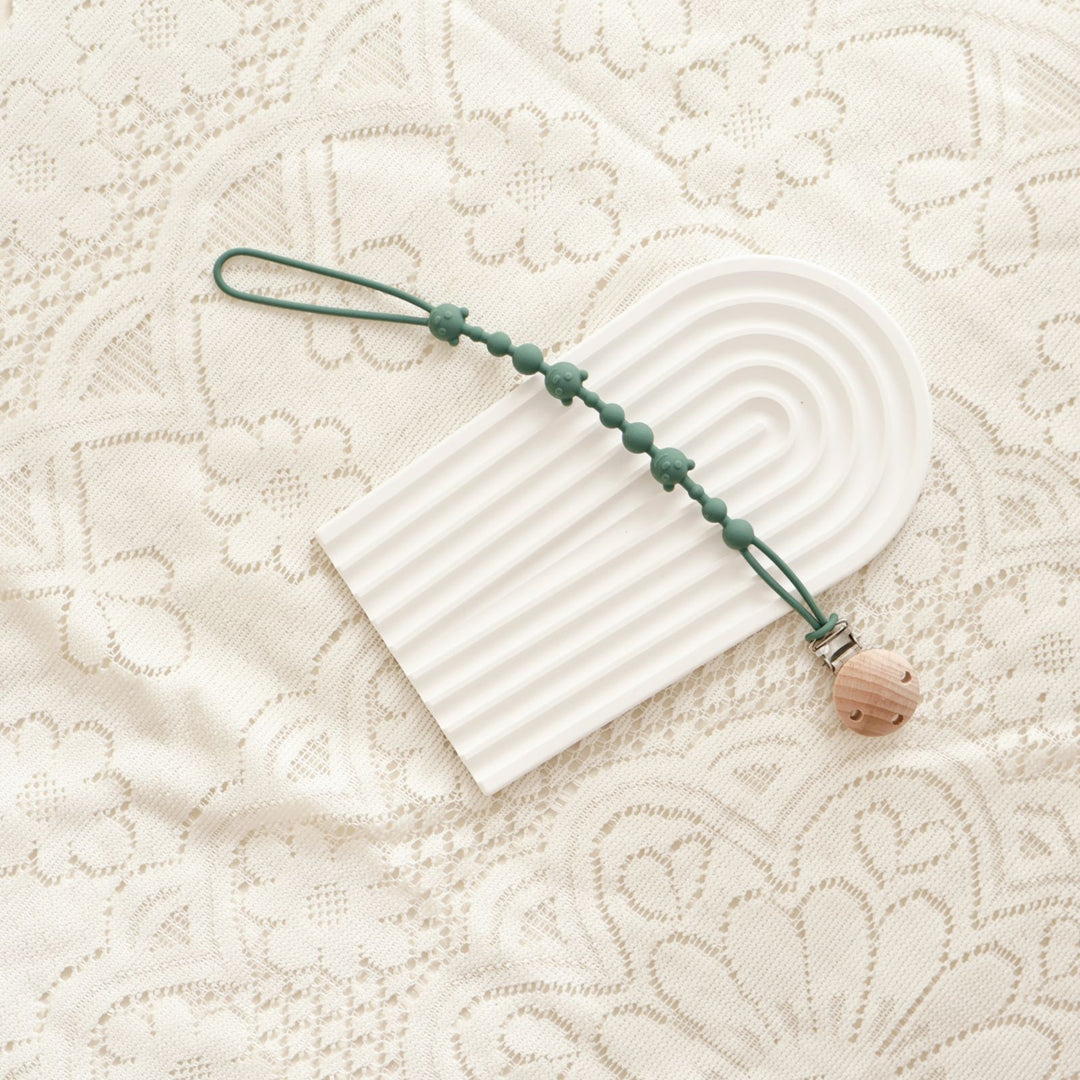 Baby Silicone Bead Teething Pacifier Clip with Wooden Safety Clip