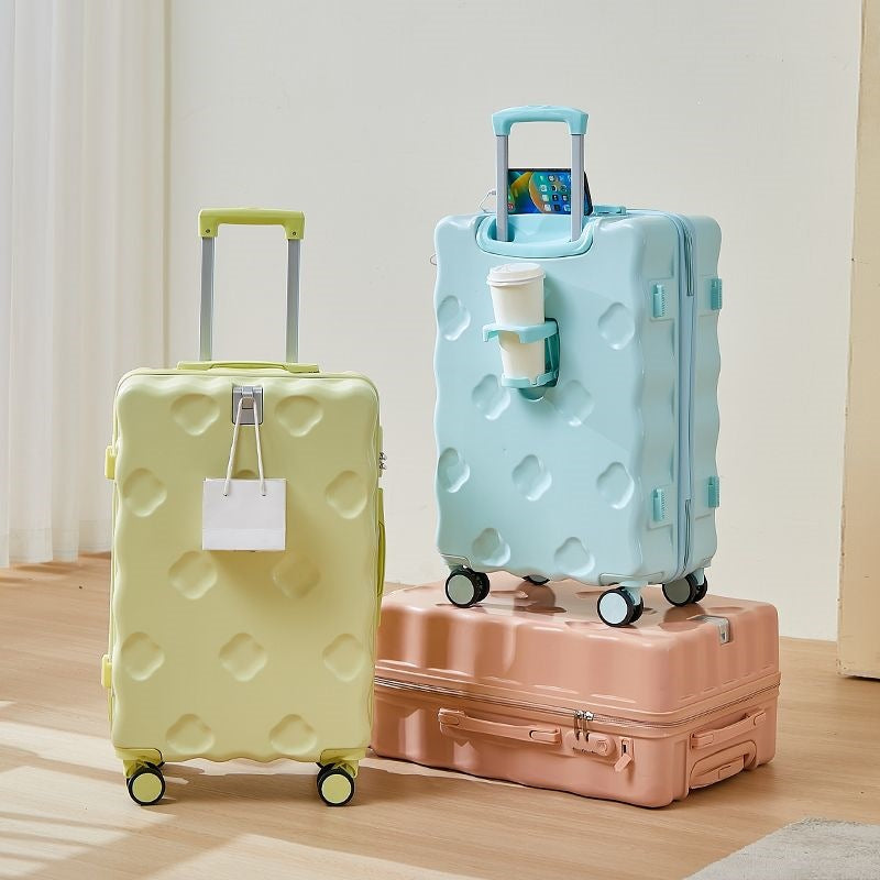 hard-shell carry-on suitcase with integrated foldable cup holder phone cradle USB charging port and external bag hooks Kalsten