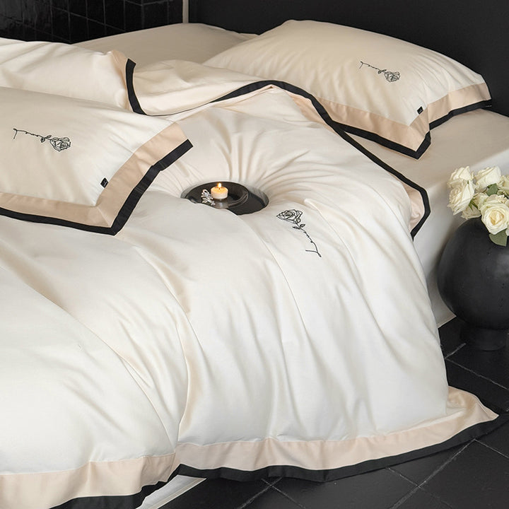 Bedding set cotton satin with contrasting border and delicate rose embroidery