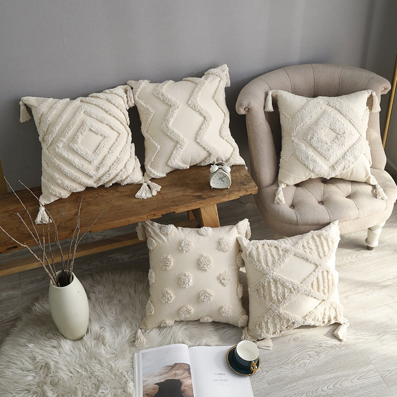 Decorative Boho Tassel Throw Pillow with Textured Diamond Tufting