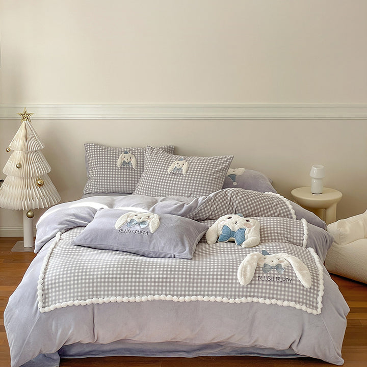 Kids Bedding Set with Plush Puppy, Vichy Check and Pom-Pom Trim