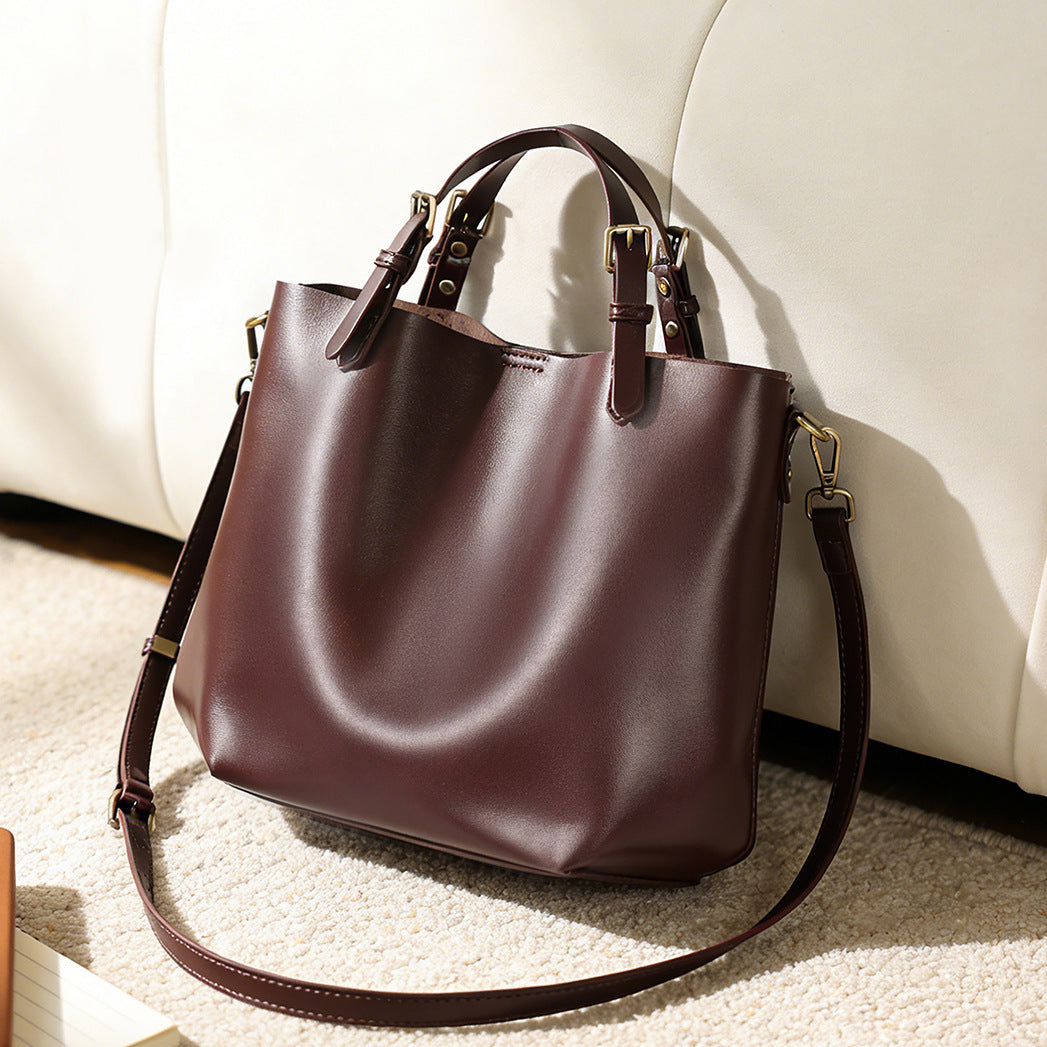 Structured Vegan Leather Bucket Tote with Adjustable Strap and Gold Hardware
