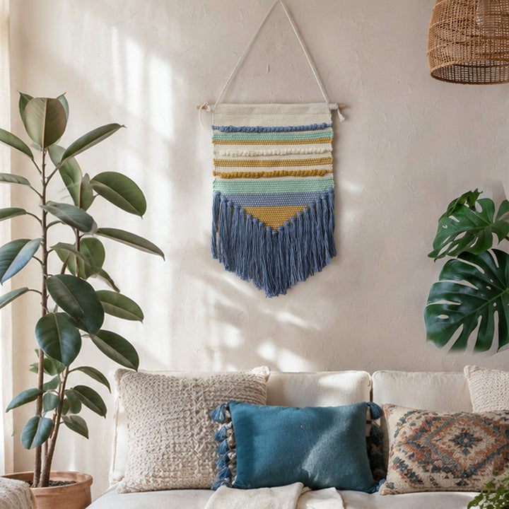 Macrame Wall Hanging with Fringe, hand-knotted cotton texture