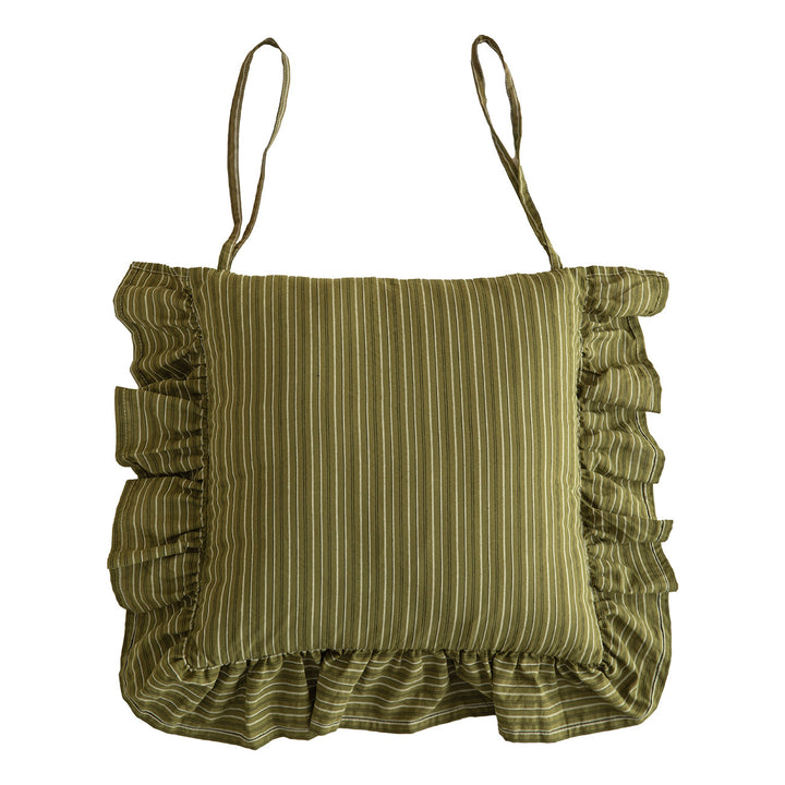 Striped chair cushion with ties, ruffled hem and linen look